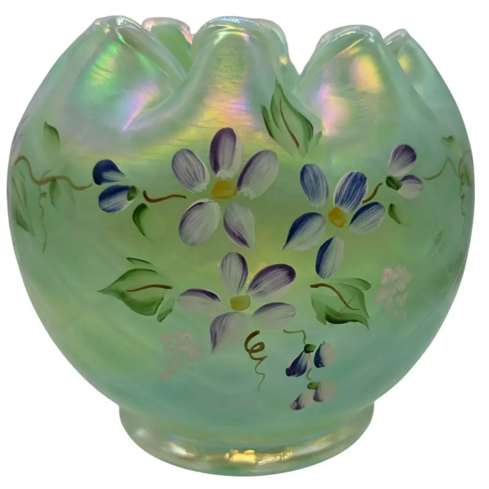 FENTON IRIDISED WILLOW GREEN DECORATED ROSE BOWL SIGNED 95TH ANNIVERSARY